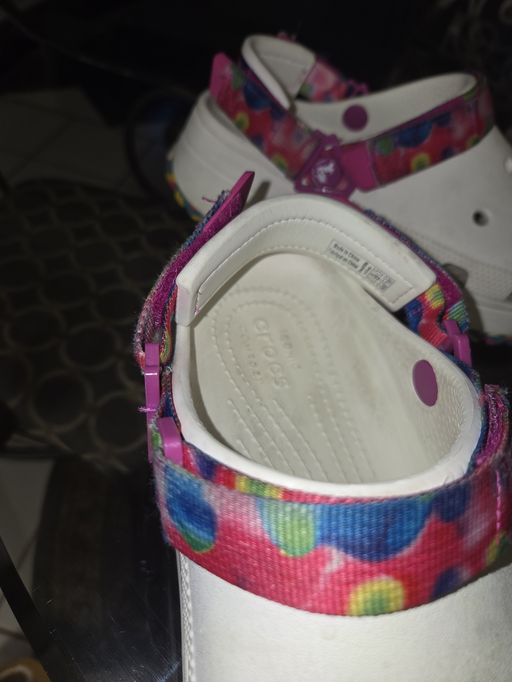 Girls White Crocs Clog Sandals with Multicolor Dot Strap - Picture 5 of 8